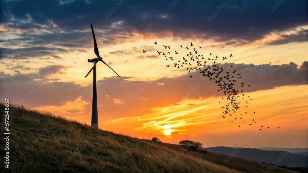 Obraz premium A lone wind turbine stands on a grassy hill against a dramatic sunset sky filled with a flock of birds in silhouette