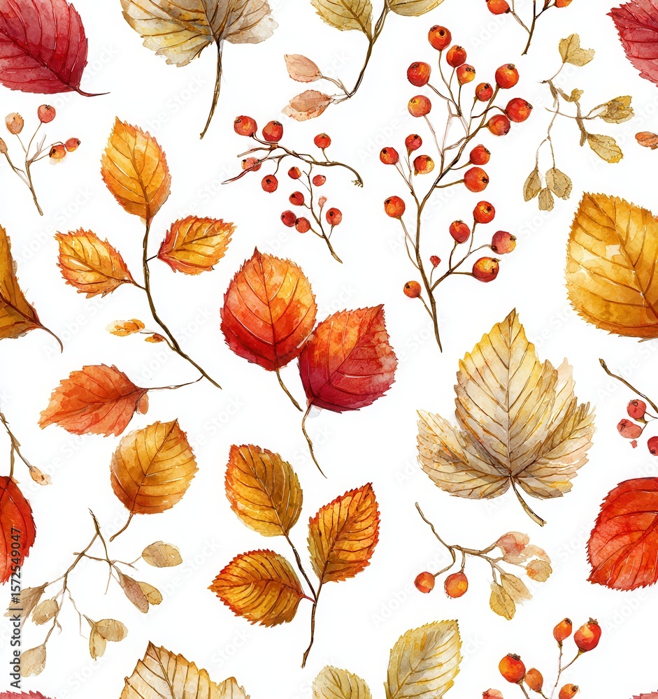 Obraz premium seamless pattern of autumn leaves, acorns, pumpkins, mushrooms, warm orange and yellow tones