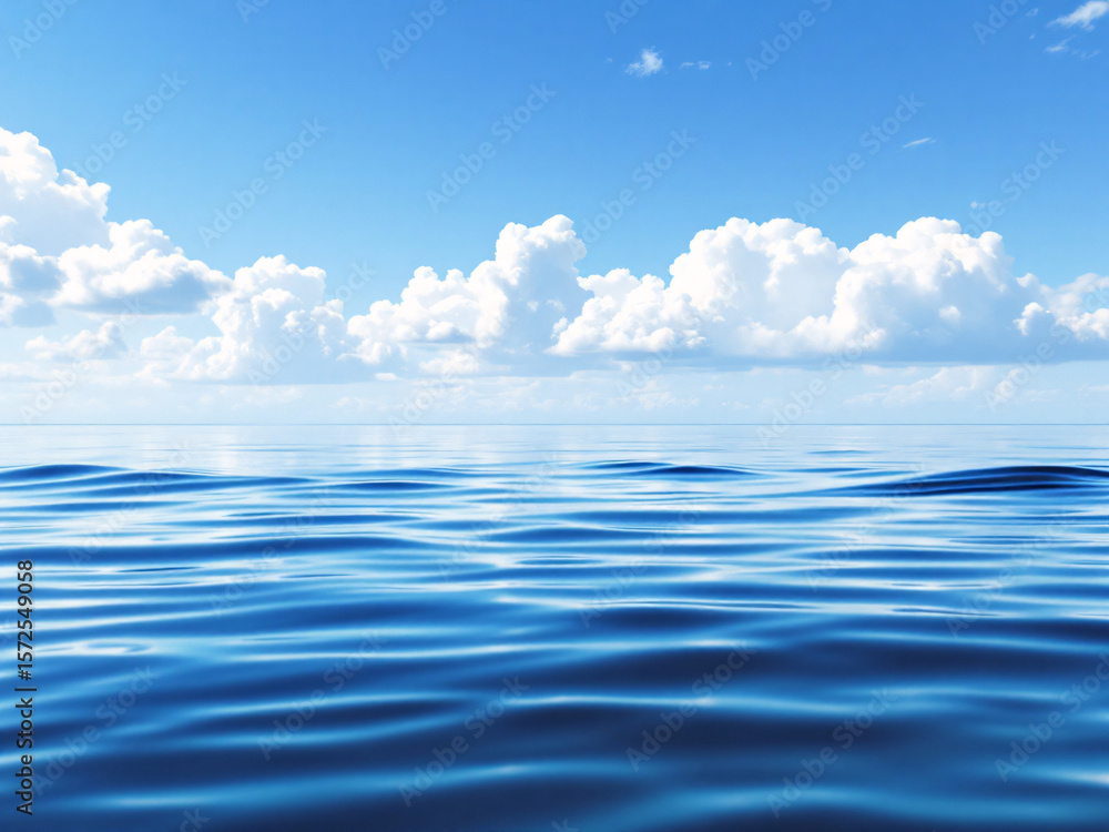 Fototapeta premium Clear blue ocean water with a bright sky and clouds reflecting on the surface.