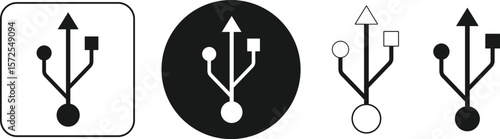 Set of USB Port Icons in Circle, Square, and Outline Styles – Universal Serial Bus Symbol Vector Illustration
