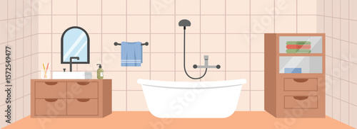 Apartment bathroom illustration. Cupboard at bathroom. Bathroom design. Modern restroom. Shower faucet. Hanging towel.