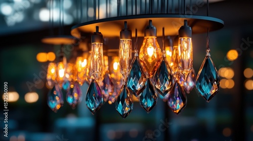 This artistic pendant light features a blend of modern design and elegant blue crystal accents, creating a warm and inviting atmosphere. The innovative arrangement of lights adds a stylish touch to a