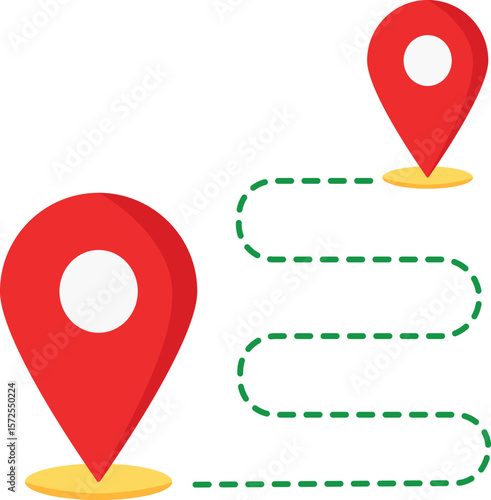 Navigation route vector icon with two red location pins connected by green dotted path, ideal for maps, travel direction, GPS and delivery tracking design