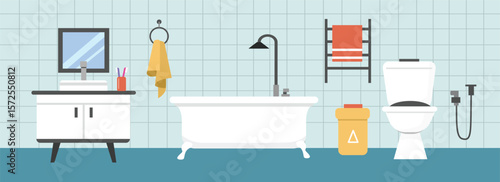 Bathroom decoration illustration. Bathroom furniture. Faucet. Bathtub style. Towel holder. Washbasin at toilet.