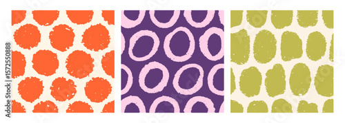 Abstract seamless patterns set. Irregular dots, spots, paint blobs, round circles, endless backgrounds, repeating prints for textile, wrapping design. Modern textures. Drawn vector illustration