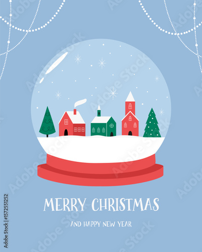Flat Christmas Snow Globe Illustration with Winter Village and Trees. Holiday Greeting Card