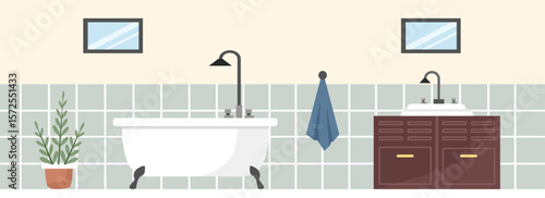 Restroom illustration. Bathtub for shower. Apartment bathroom interior. Toilet hotel. Toilet dresser.