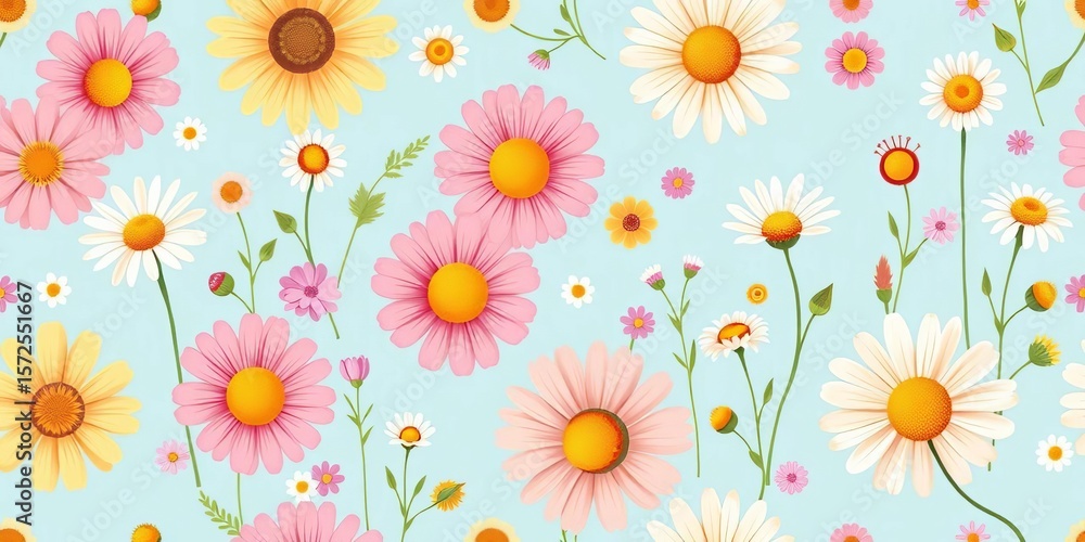 Obraz premium Cute seamless vector pattern featuring cheerful daisies and wildflowers on a soft blue background, art, garden