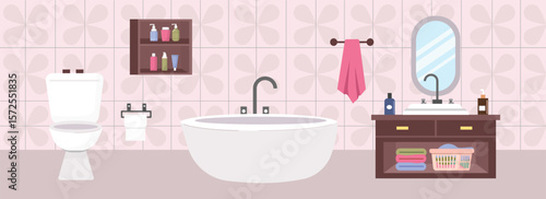 Apartment bathroom. Modern bathroom. Luxury restroom. Toilet interior. Soap rack. Towel. Mirror. Bath room facilities.