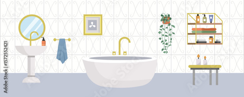Luxury bathroom illustration. Modern bathroom. Washbowl design. Faucet. Home plant. Cozy bathroom. Soap shelf. Hanging towel. Toilet. Restroom.
