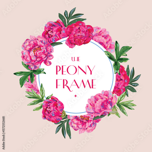 A frame with painted bright peonies for decoration