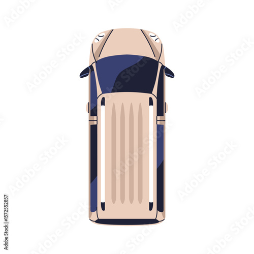 Minivan top view. Passenger vehicle roof. Large family car, auto transport, mini van for transportation, road travel. SUV from above, overhead. Flat vector illustration isolated on white background