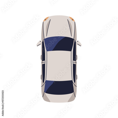 Car, top down view. Compact sedan from above. Auto vehicle from overhead. Motor engine road transport, automobile roof, windows and hood. Flat vector illustration isolated on white background
