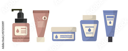 Makeup bottle. Cosmetics packaging. Set of skincare bottle. Soap bottle illustration. Collection of medicine packaging