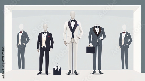 Three  different formal suits with accessories, showcasing various business attire options.