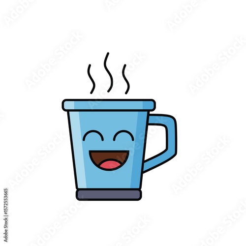 Kawaii-style steaming blue mug with a happy, laughing face. Perfect for hot beverages, cozy themes, or cheerful designs.