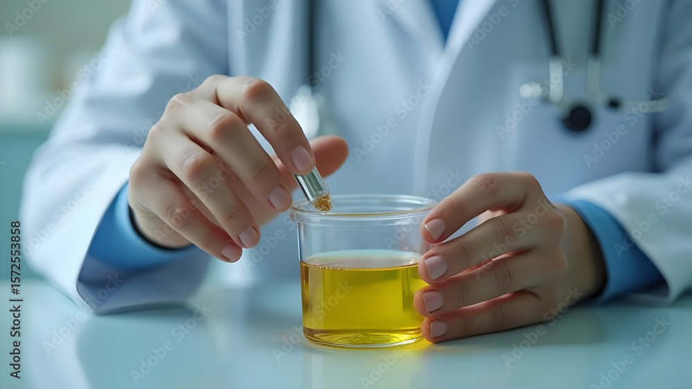 Doctor's hands testing patient's urine sample with a focus o Doctor's hands testing patient's urine sample with a focus o