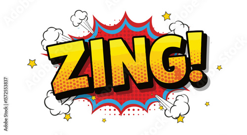 ZING! bright comic pop art style text with stars and clouds  