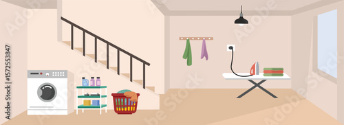 Washing clothes room. Laundry room. Home interior. Washing machine. Ironing table. Soap rack.