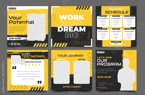 Social Media Personal Training Gym and Fitness Promotion Banner Template Collection. Editable Square Banner Vector Design with Place for the Photo