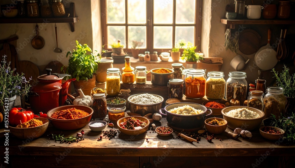 Fototapeta premium Rustic Kitchen: A Culinary Still Life of Spices, Herbs, and Grains