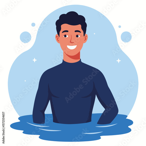 Man in wetsuit smiling in clear waters, looking cheerful, as refreshing seawater ripples around him. Man in wetsuit smiling after swim in ocean, enjoying water sport activity,