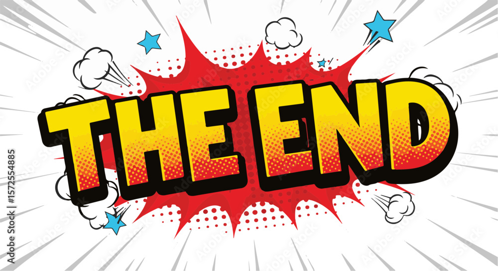 Obraz premium Bold comic style text 'The End' with dynamic burst background 