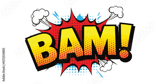 Comic Pop Art style bright text with the word BAM! and explosion elements  