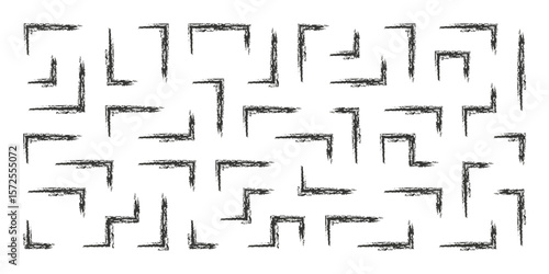 Hand drawn chalk corner elements, rectangular frames, text corners, black quote frame, geometric pattern. Crayon marker lines, underlines, frames, grunge texture, doodle vector sketch illustration.