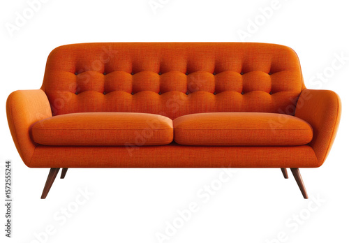 Orange tufted sofa, mid-century modern style