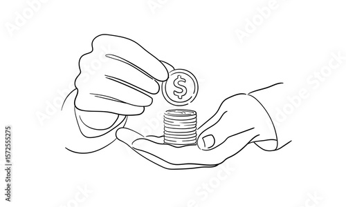 Business human hand hold coin, cjntinious line drawing, digital marketing outline. Vector illustration
