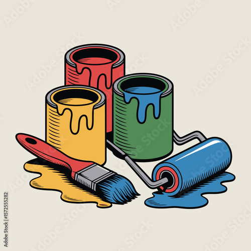 Colorful Paint Cans, Brush, and Roller for Home Improvement