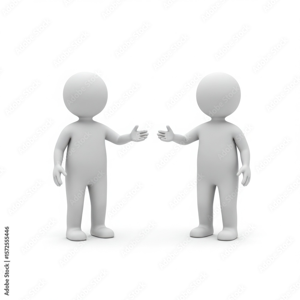 Two stick figures reaching for a handshake isolated on white background Two stick figures reaching for a handshake isolated on white background