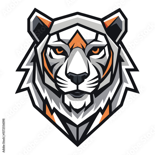 Intense white tiger head fiercely stares ahead with orange rhombus highlighting the tiger's features