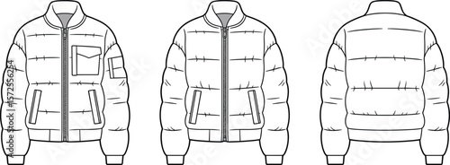 Bomber puffer jacket technical fashion drawing, winter coat flat sketch, front back side view, outerwear vector template, cad illustration