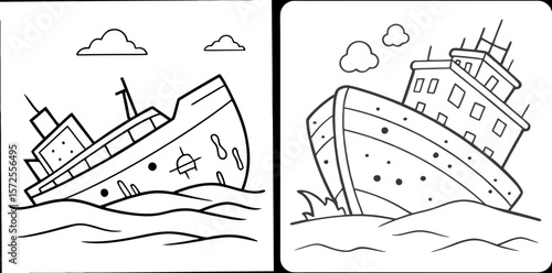 Wrecked Ship Coloring Book Page – Outline Line Art Sunken Pirate Vessel for Kids and Adults