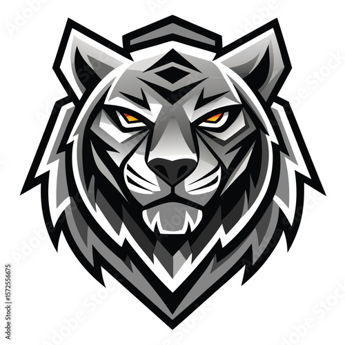 The gray tiger head features bright orange eyes and triangular orange forehead marking