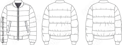 Bomber puffer jacket technical sketch, winter wear front back side view, fashion flat cad drawing, outerwear vector design template