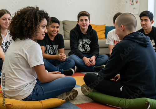 A diverse group of teenagers seated in a circle, engaged in conversation and discussion.