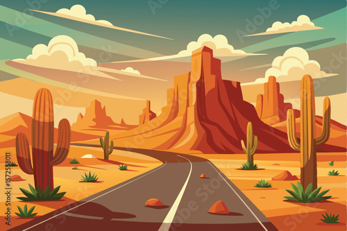 Road in the desert with cactuses and mountains. Vector illustration