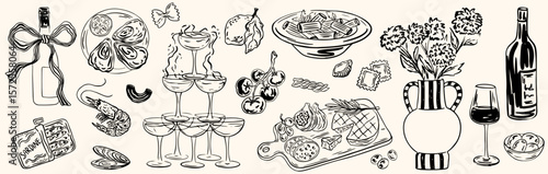 Hand drawn chalk food illustrations. Mediterranean dinner. Wine, champagne tower, charcuterie drawings for wedding invitations, menus, parties. Vector illustration La dolce vita italian sketch style.
