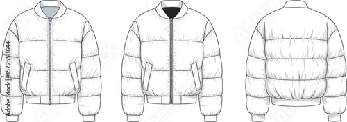 Puffer bomber jacket fashion cad, winter coat vector sketch, front back side view, padded outerwear technical flat drawing