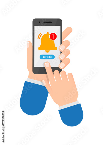 Hand holds phone with notifications icon on the smartphone screen stock illustration