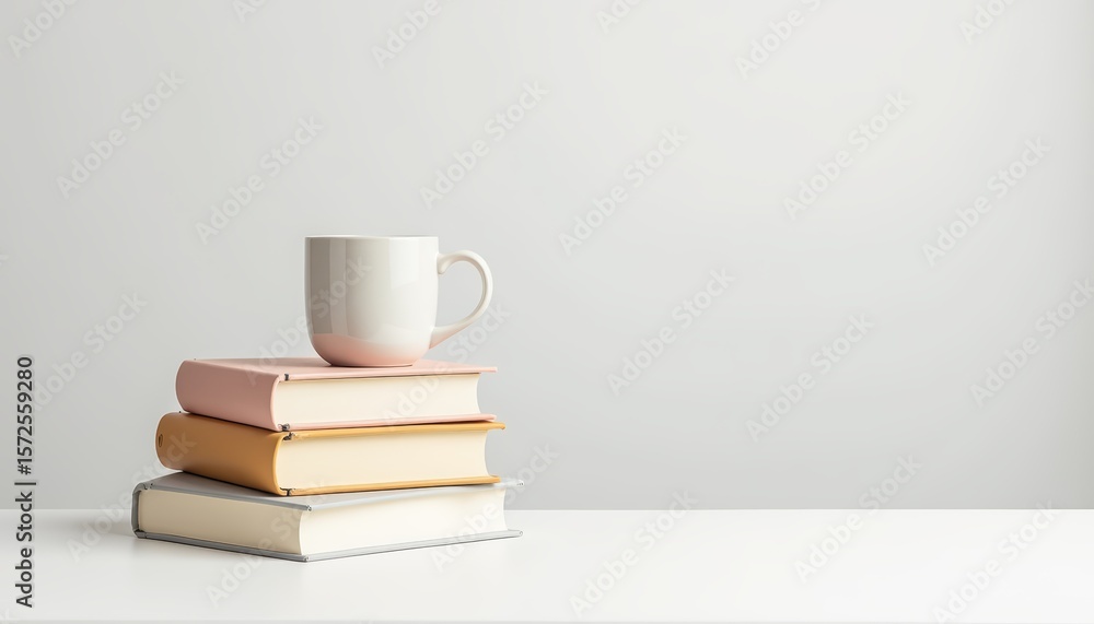 Fototapeta premium Stack of Colorful Books with White Cup on Top Against Minimalist Background