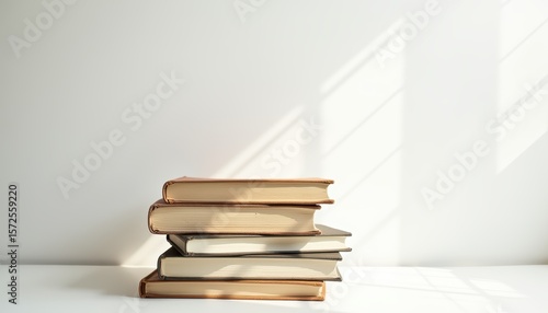 Stack of Vintage Books on a Minimalist Wooden Table with Soft Natural Light and Shadows