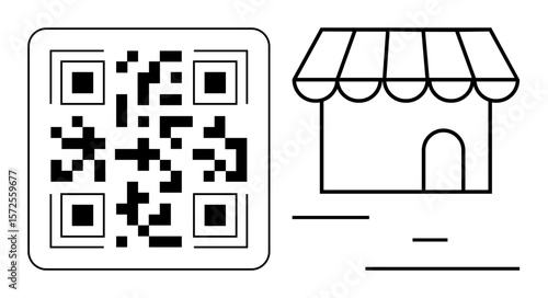 QR code and small shop icon emphasize digital tools, retail integration, and customer engagement. Ideal for e-commerce, digital marketing, payment systems, retail, promotion, commerce simple landing