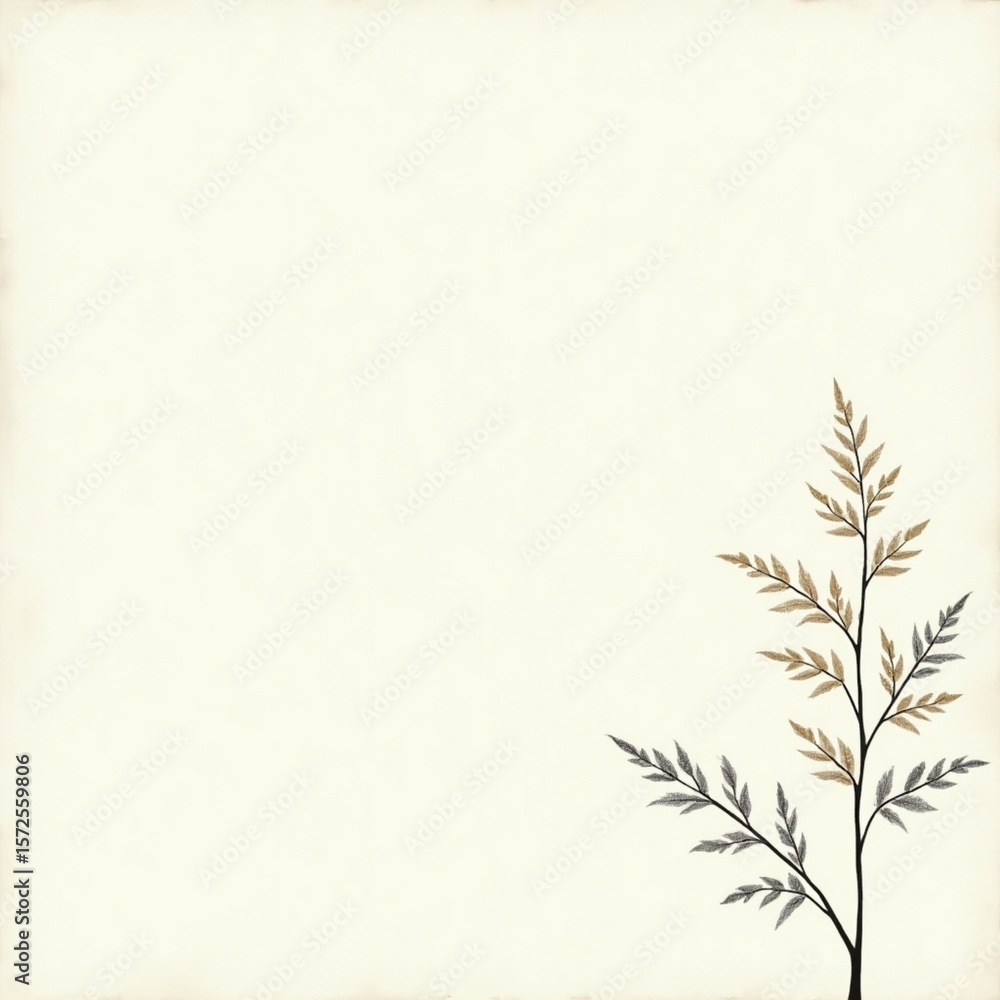 Fototapeta premium A minimalist botanical composition displaying stylized fern leaves in gold and gray on a cream background, suitable for elegant designs and serene visual narratives.