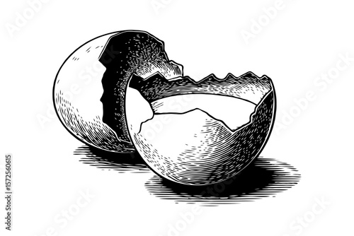 Cracked eggshell halves illustrated in engraving style, isolated on a white background, symbolizing fragility, birth, or transformation