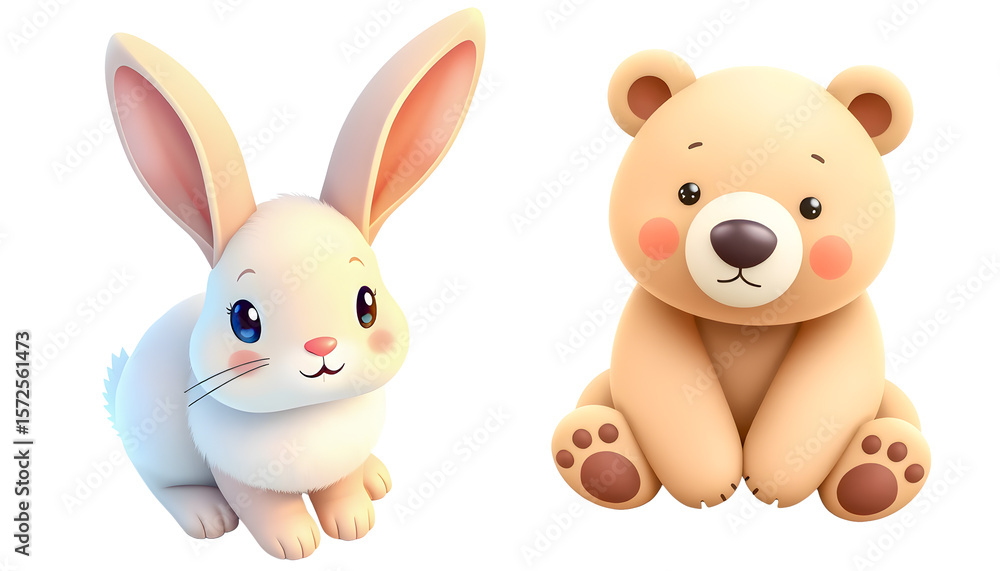 Cute cartoon rabbit and teddy bear sitting on white background. Cute cartoon rabbit and teddy bear sitting on white background.