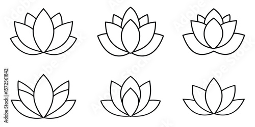 Lotus icon set. Flower Symbol. Vector illustration of lotus flower outline icons, Lotus flower silhouette logo. ideal for themes of wellness, meditation, nature, sign yoga and spirituality.